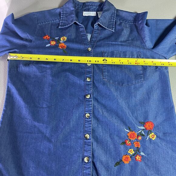COMPANY ONE Shirt Embroidered V-Neck Long Sleeve Roll Tab Denim Womens S Blue - Picture 5 of 10